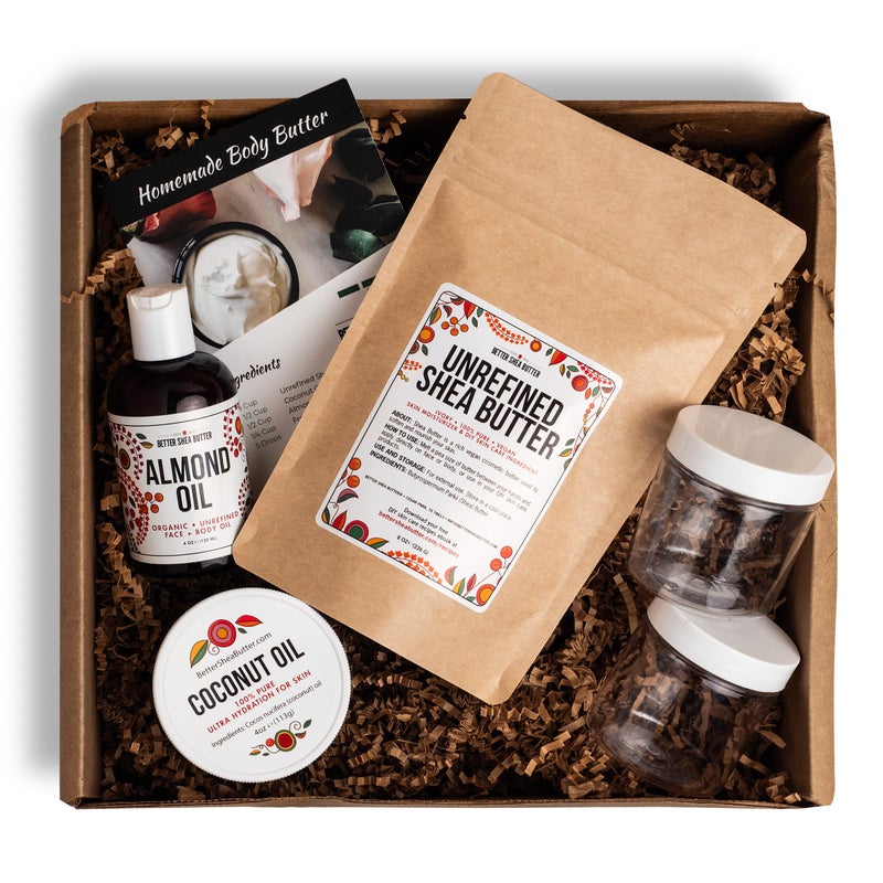 Better Shea Butter Shea Butter Body Butter Making Kit - DIY Kits for Adults (Raw Shea Butter, Almond Oil, Coconut Oil, 2 Jars) & Recipe Card with Link to Video Tutorial - Natural Whipped Body Lotion Making Kit - Image 1